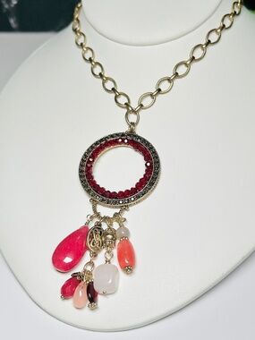 Chico's Semi-Precious Gemstone and Lucite Beaded Brass Tone Pendant Necklace